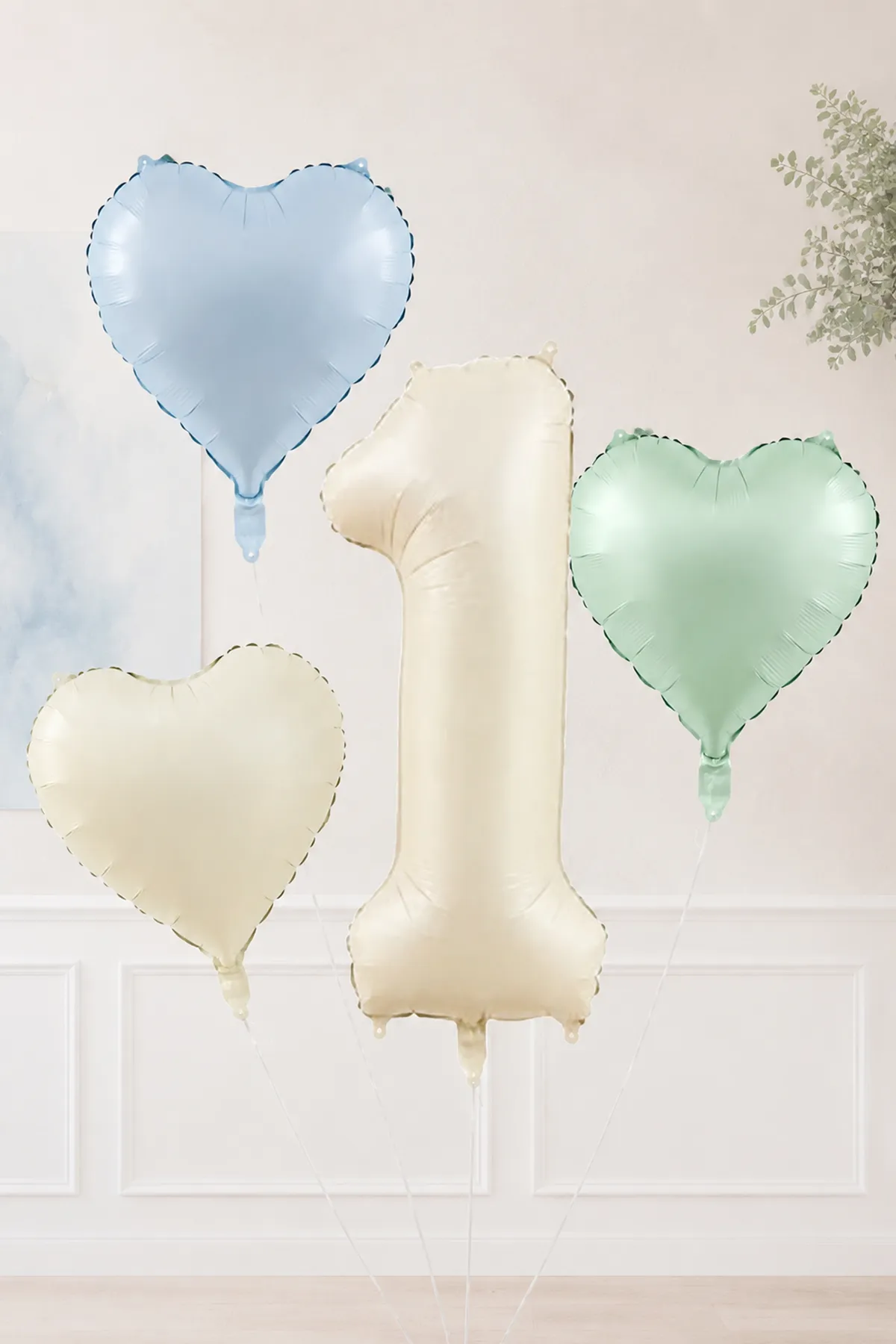 1 Yaş Retro Mavi Yeşil Krem Kalpli Folyo Balon Seti 44 1 Yaş