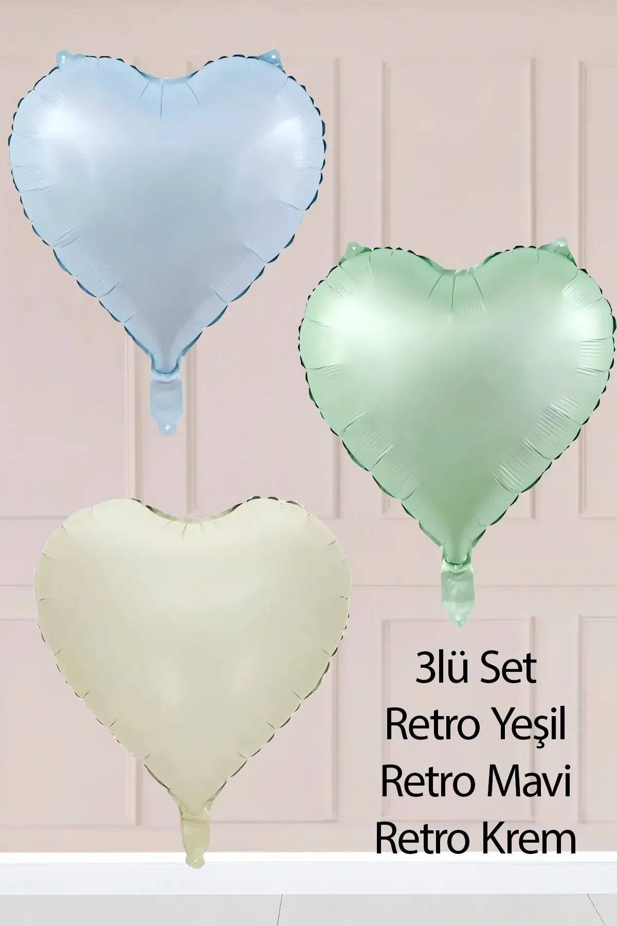 3 Yaş Retro Mavi Yeşil Krem Kalpli Folyo Balon Seti 44 3 Yaş