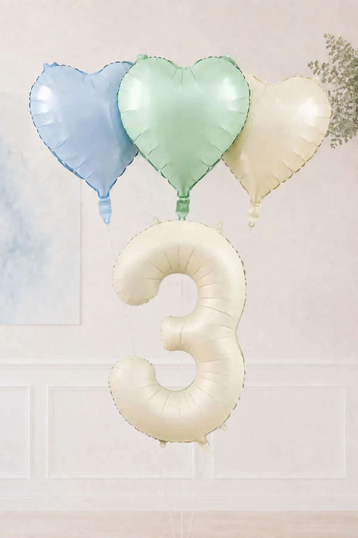 3 Yaş Retro Mavi Yeşil Krem Kalpli Folyo Balon Seti 44 3 Yaş