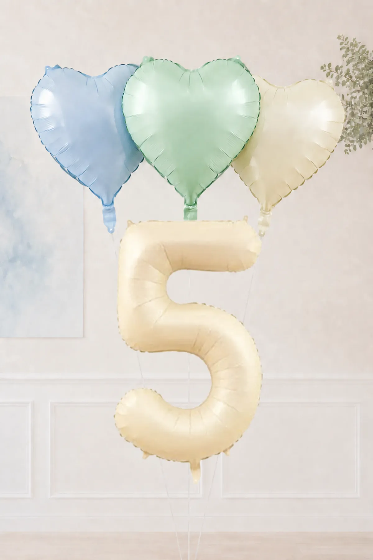 5 Yaş Retro Mavi Yeşil Krem Kalpli Folyo Balon Seti Set44 5 Yaş