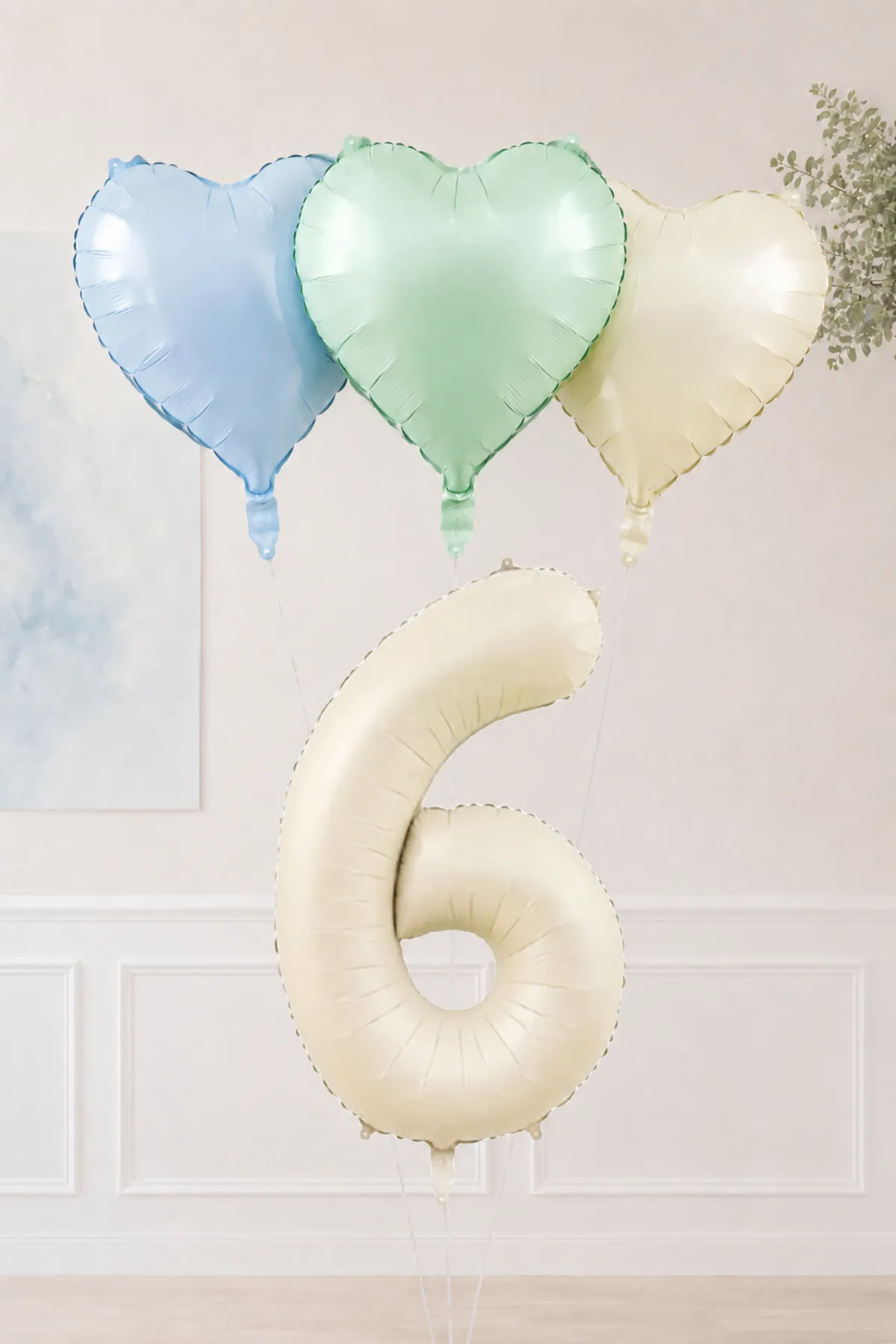6 Yaş Retro Mavi Yeşil Krem Kalpli Folyo Balon Seti Set44 6 Yaş