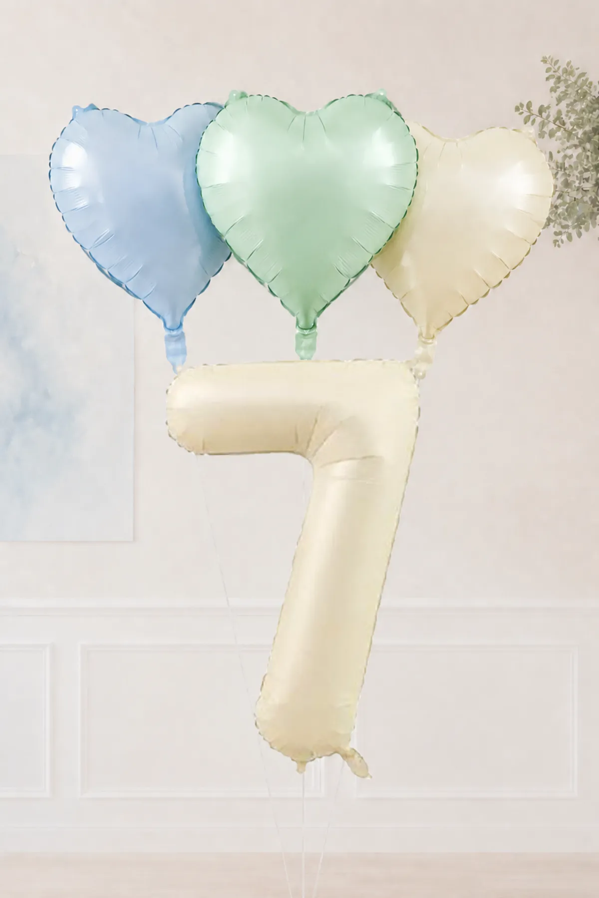 7 Yaş Retro Mavi Yeşil Krem Kalpli Folyo Balon Seti Set44 7 Yaş