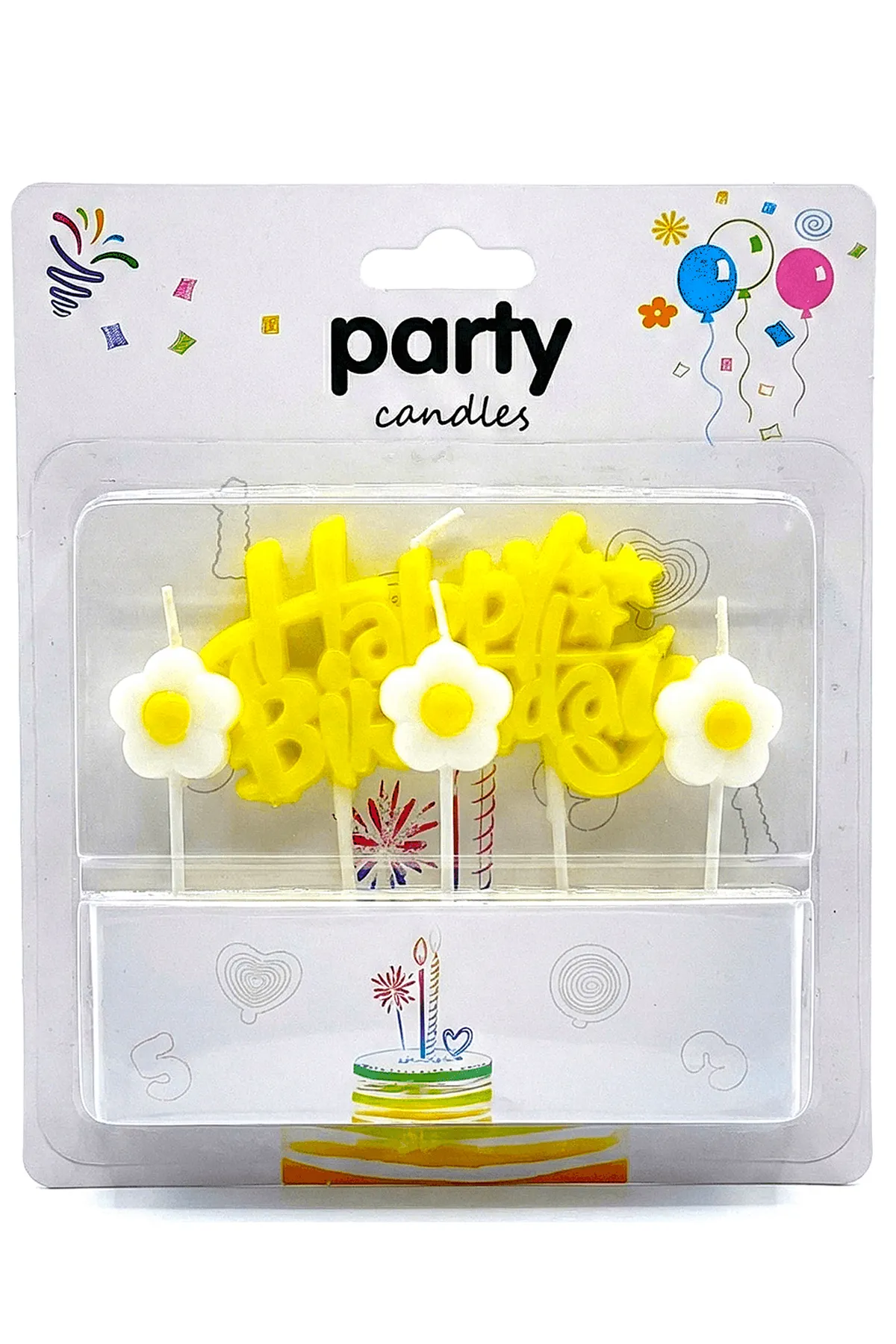 Papatya Tema Mum Seti Happy Birthday Yazısı ve Papatyalar 4lü Mum Seti 0395