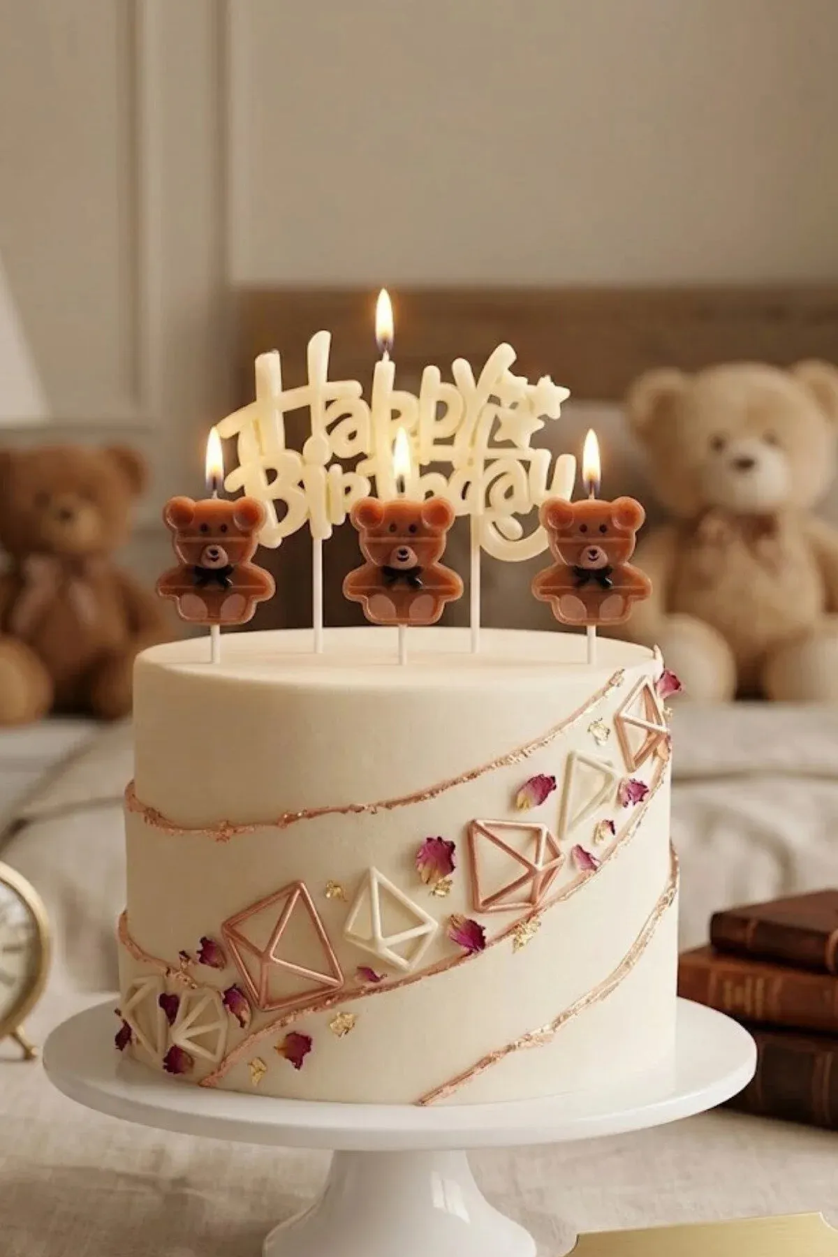 Ayıcık Tema Happy Birthday 4lü Mum Seti Pasta Mumu 0401