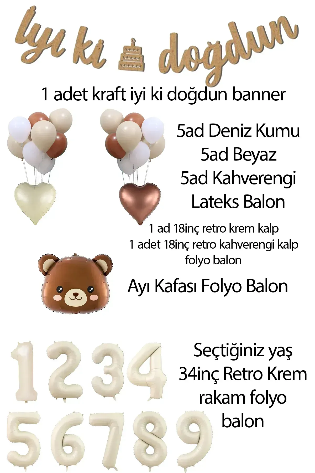 4 Yaş Ayı Kafası Retro Tema Balonlar 4 Yaş Doğum Günü Balon Seti Set28