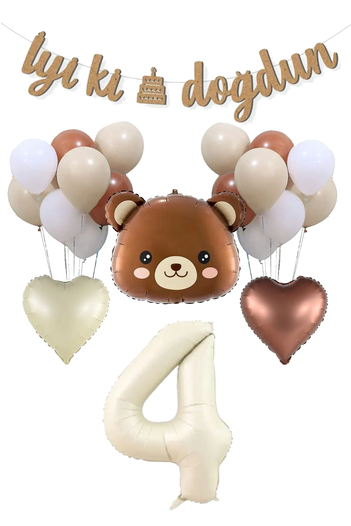 4 Yaş Ayı Kafası Retro Tema Balonlar 4 Yaş Doğum Günü Balon Seti Set28
