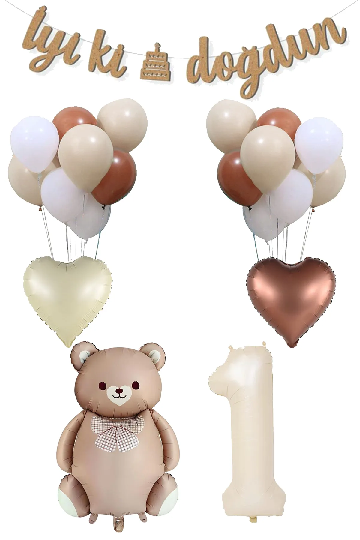 1 Yaş Retro Karamel Papyonlu Ayı ve Retro Balonlar Doğum Günü Balon Seti Set29