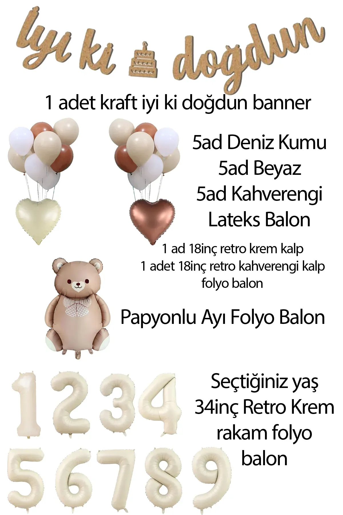 2 Yaş Retro Karamel Papyonlu Ayı ve Retro Balonlar Doğum Günü Balon Seti Set29