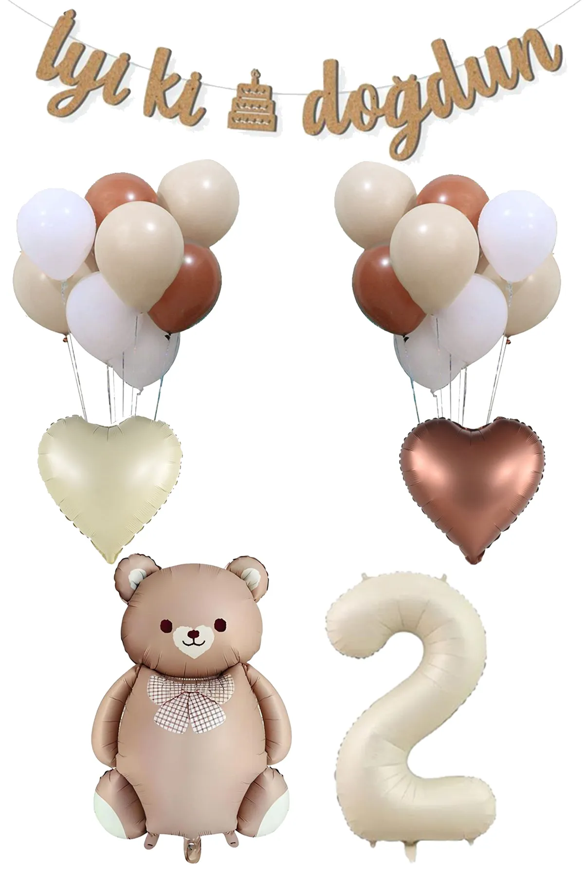 2 Yaş Retro Karamel Papyonlu Ayı ve Retro Balonlar Doğum Günü Balon Seti Set29