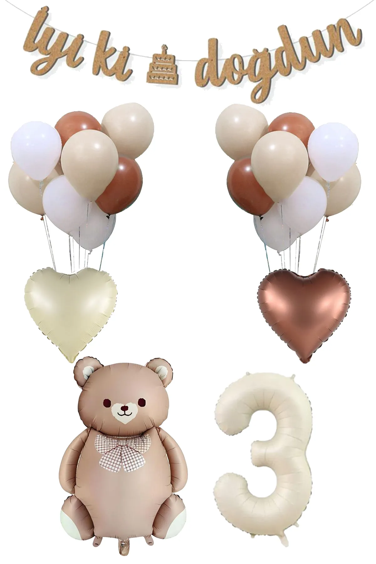3 Yaş Retro Karamel Papyonlu Ayı ve Retro Balonlar Doğum Günü Balon Seti Set29