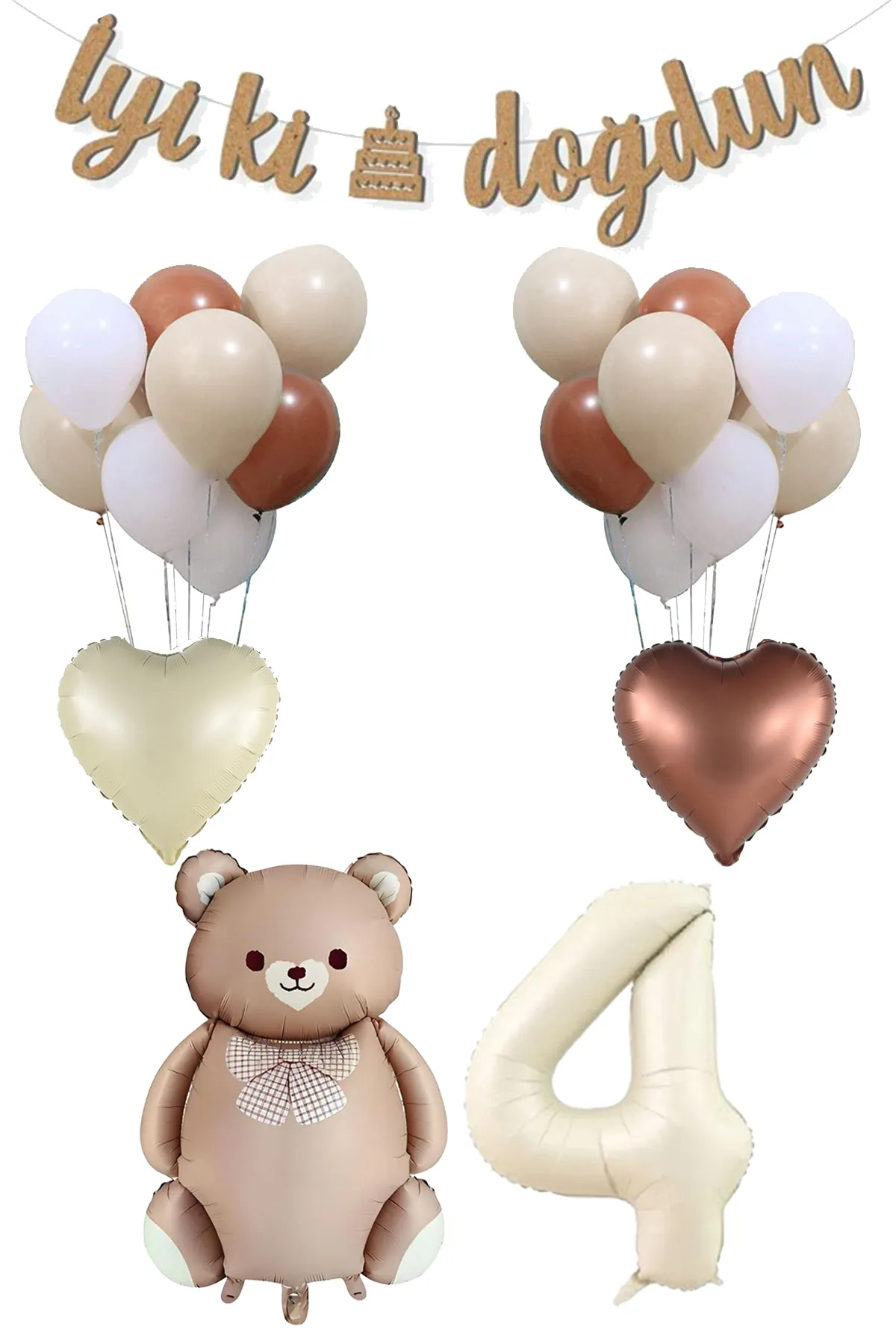 4 Yaş Retro Karamel Papyonlu Ayı ve Retro Balonlar Doğum Günü Balon Seti Set29