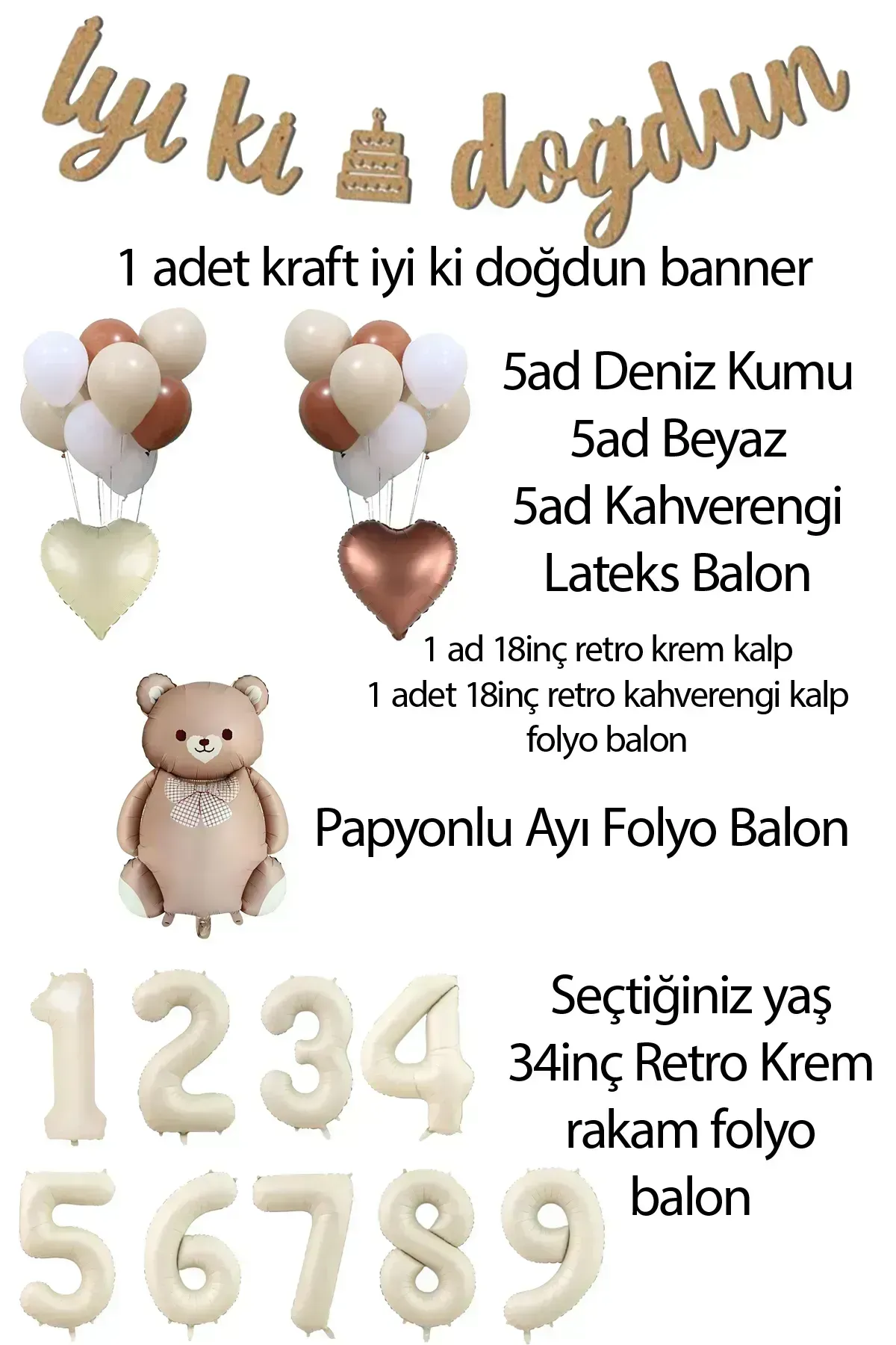 7 Yaş Retro Karamel Papyonlu Ayı ve Retro Balonlar Doğum Günü Balon Seti Set29