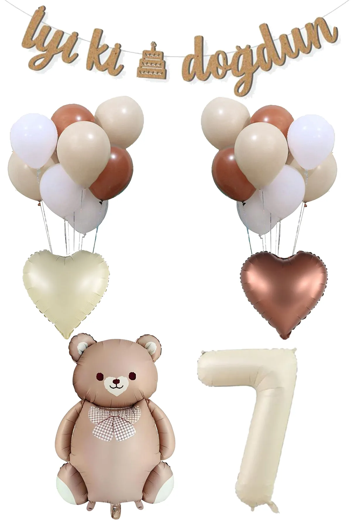 7 Yaş Retro Karamel Papyonlu Ayı ve Retro Balonlar Doğum Günü Balon Seti Set29