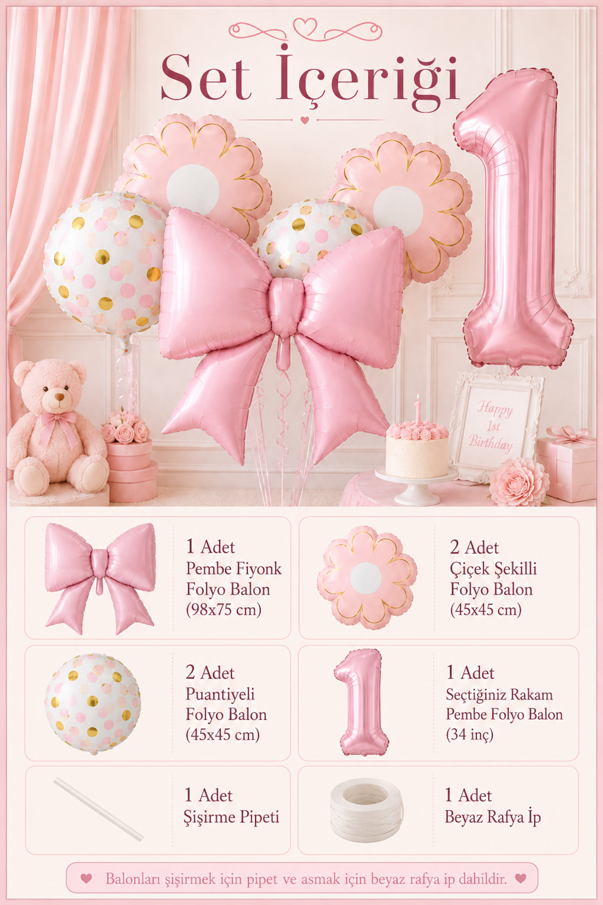 1 Yaş Pembe Fiyonk Tema Balon Seti 6 Parça Balon Süsleme Seti