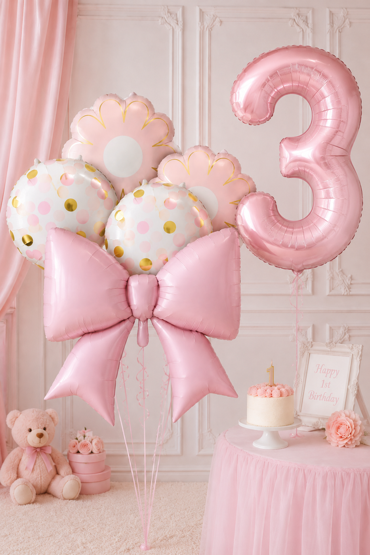 3 Yaş Pembe Fiyonk Tema Balon Seti 6 Parça Balon Süsleme Seti