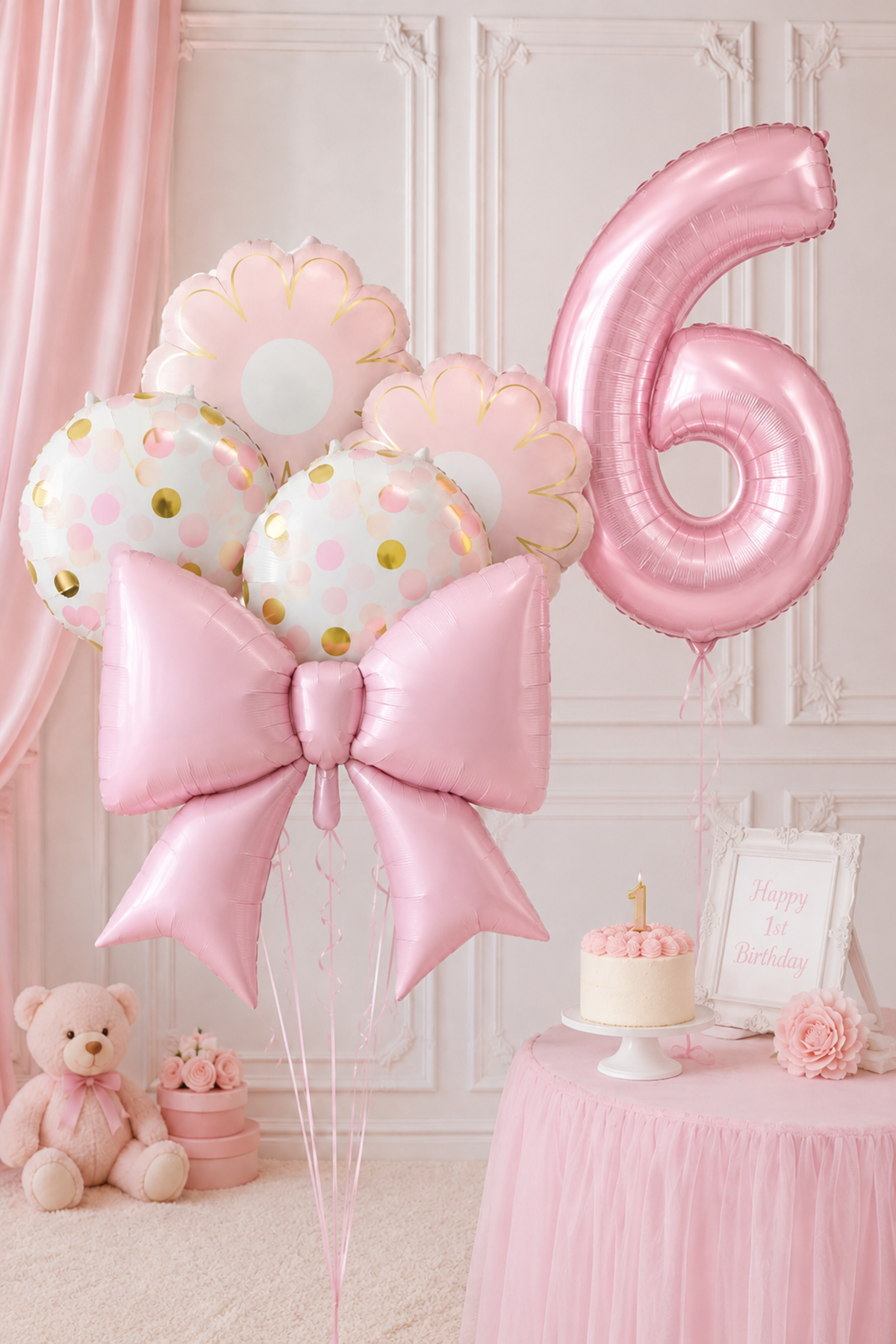 6 Yaş Pembe Fiyonk Konsept Folyo Balon Seti 6 Parça Balon Süsleme Seti 