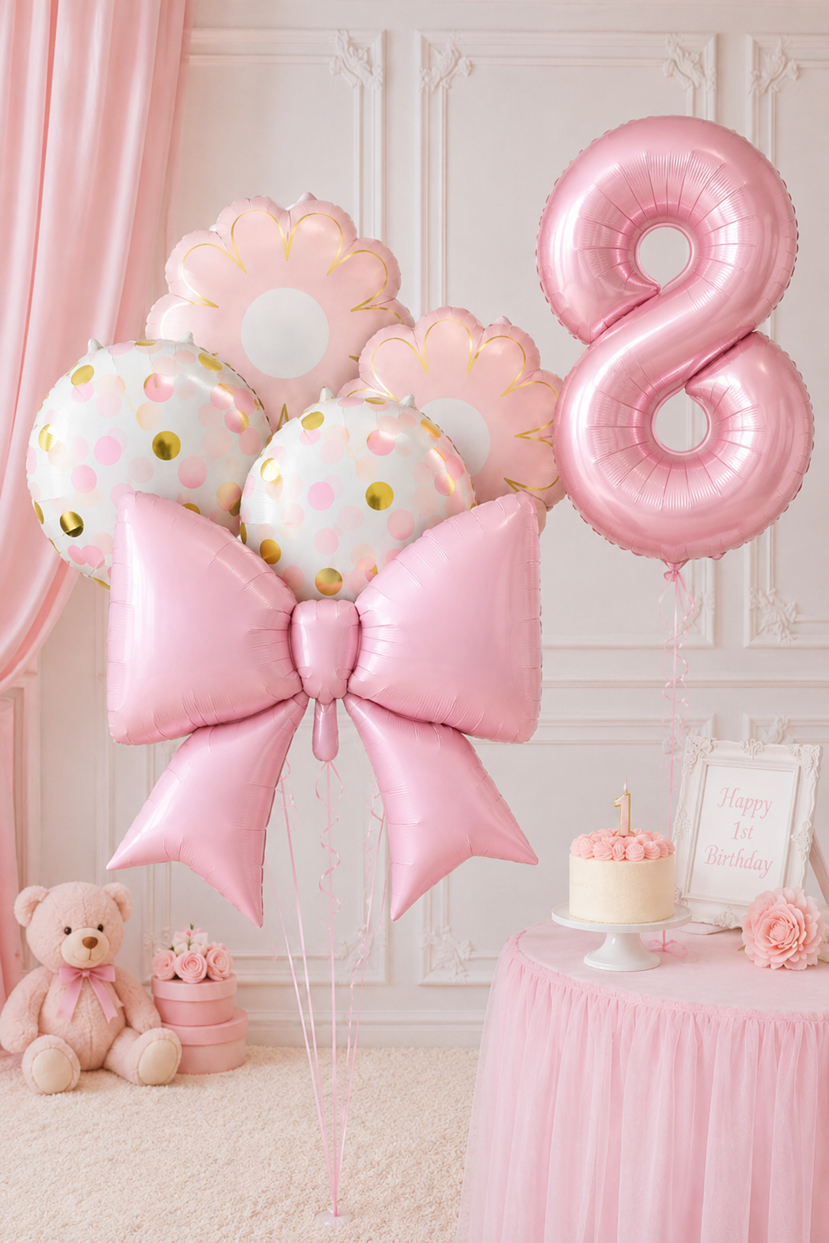 8 Yaş Pembe Fiyonk Konsept Folyo Balon Seti 6 Parça Balon Süsleme Seti