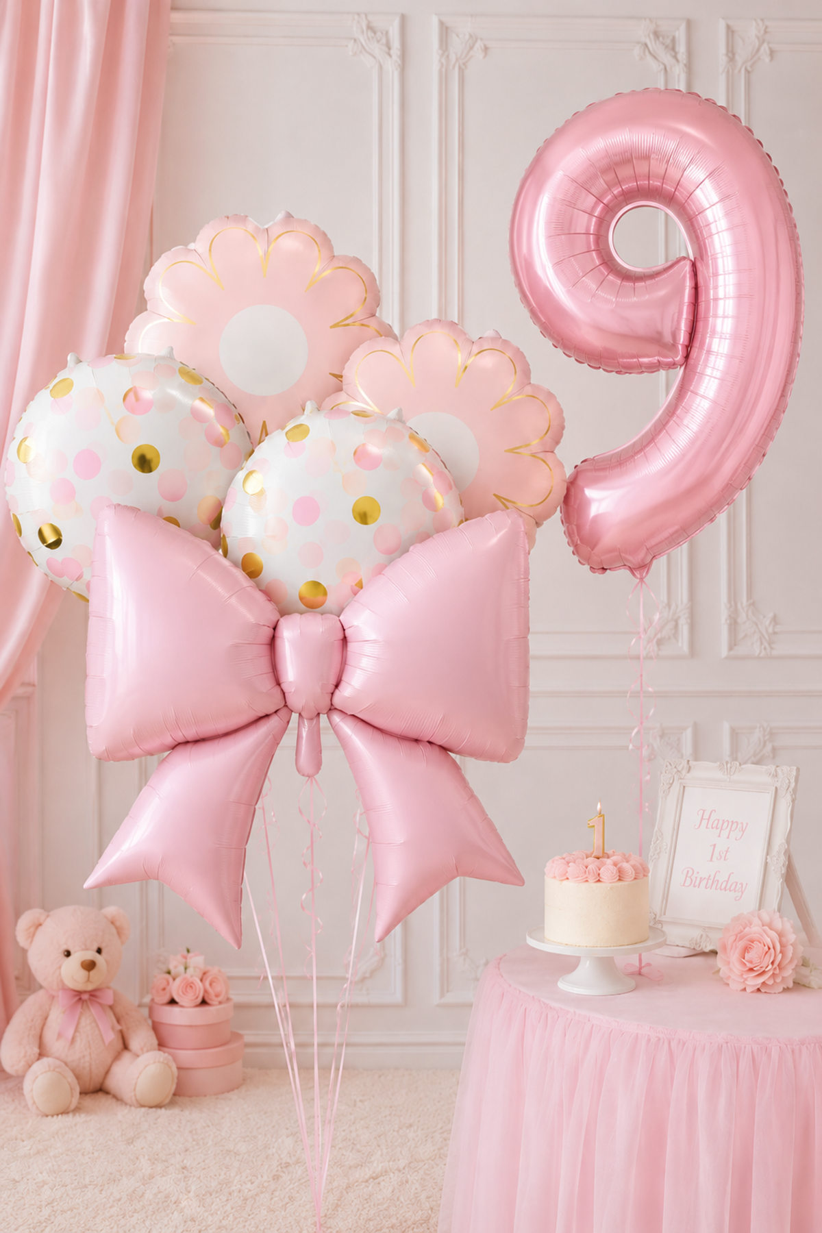 9 Yaş Pembe Fiyonk Konsept Folyo Balon Seti 6 Parça Balon Süsleme Seti