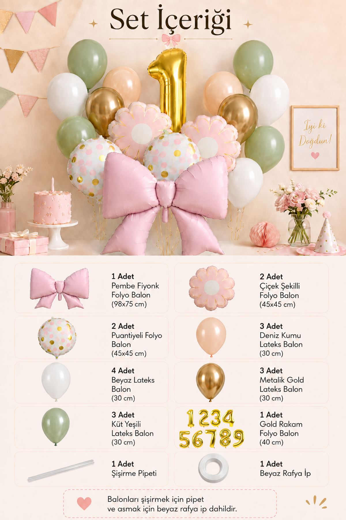 5 Yaş Gold Rakamlı Pembe Fiyonk Tema Lateks Balonlu Balon Zinciri Seti Set33 5 Yaş Doğum Günü