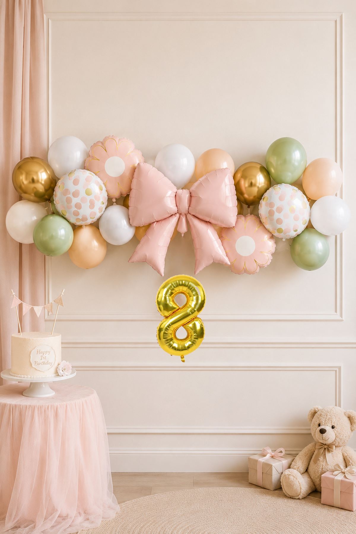 8 Yaş Gold Rakamlı Pembe Fiyonk Tema Lateks Balonlu Balon Zinciri Seti Set33 8 Yaş Doğum Günü