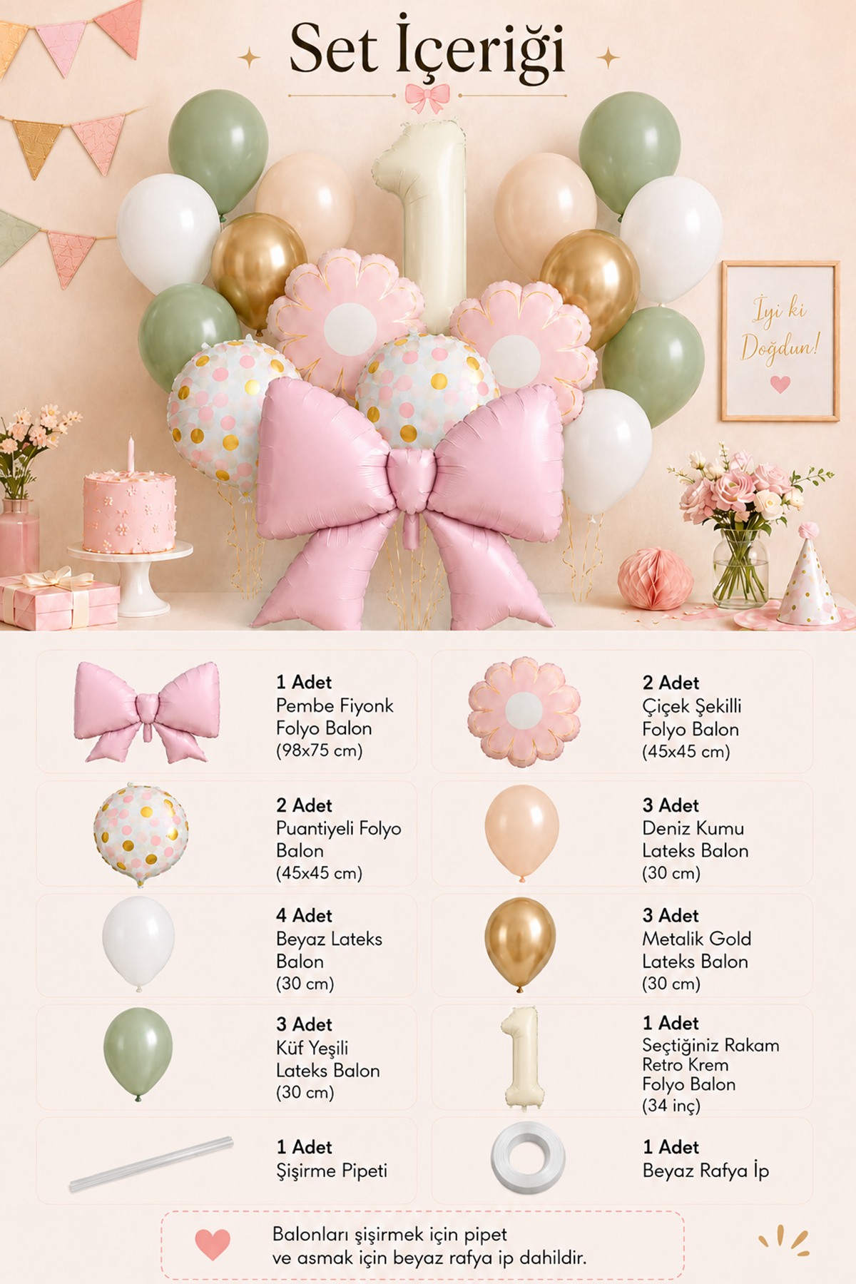 2 Yaş Retro Krem Pembe Fiyonk Konsept Doğum Günü Balon Zinciri Seti Set34