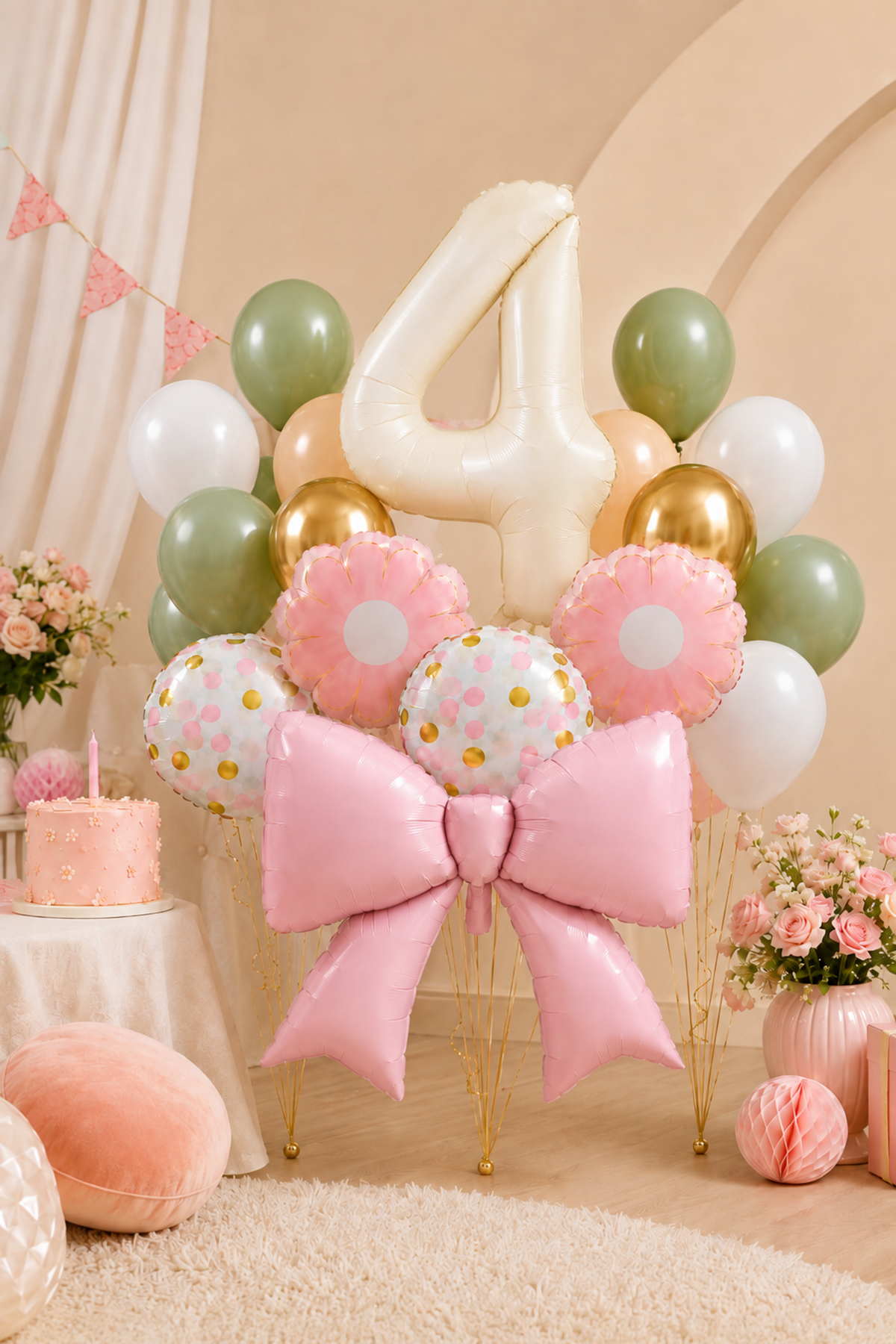 4 Yaş Retro Krem Rakam Pembe Fiyonk Konsept Doğum Günü Balon Zinciri Seti Set34