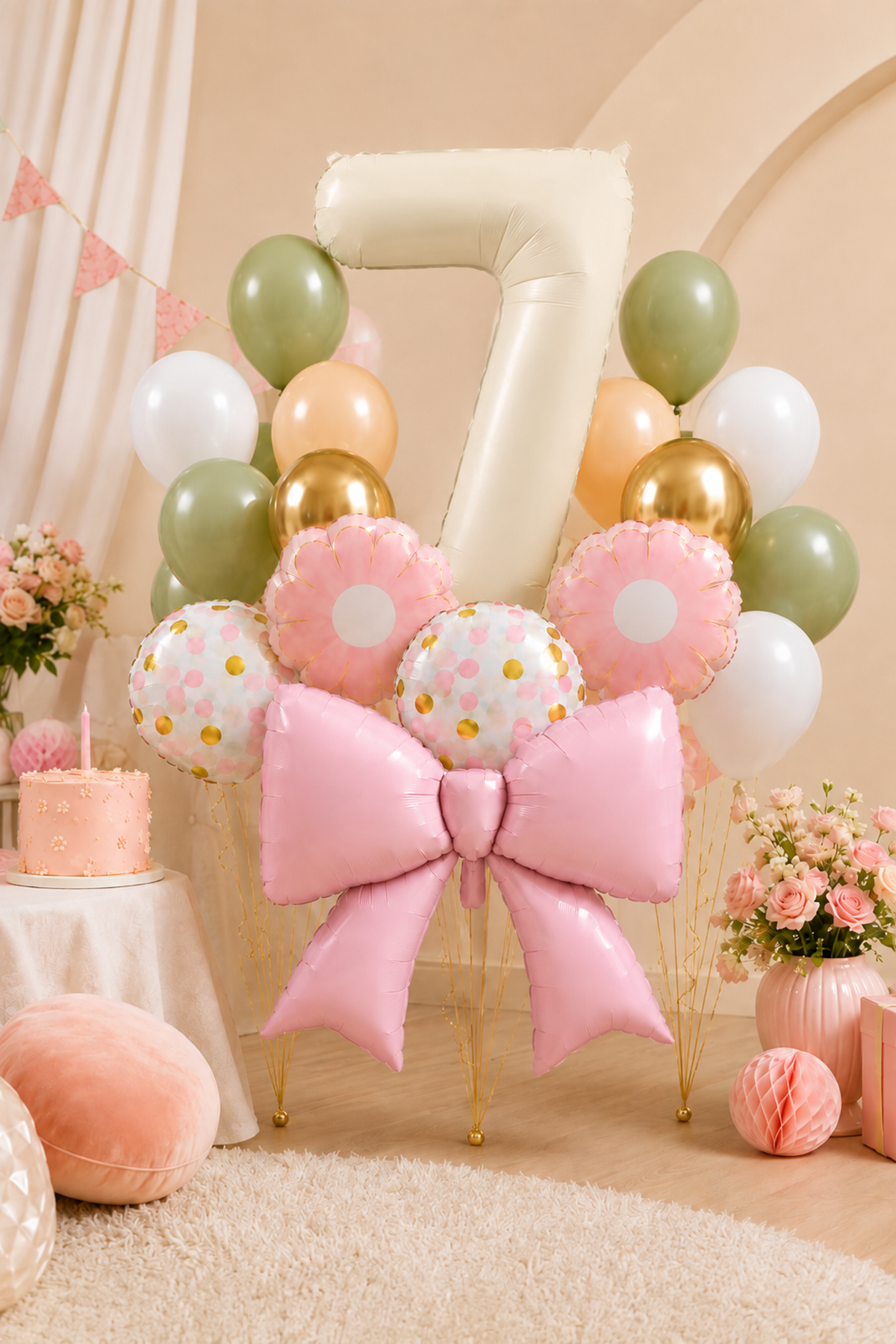 7 Yaş Retro Krem Pembe Fiyonk Konsept Doğum Günü Balon Zinciri Seti Set34