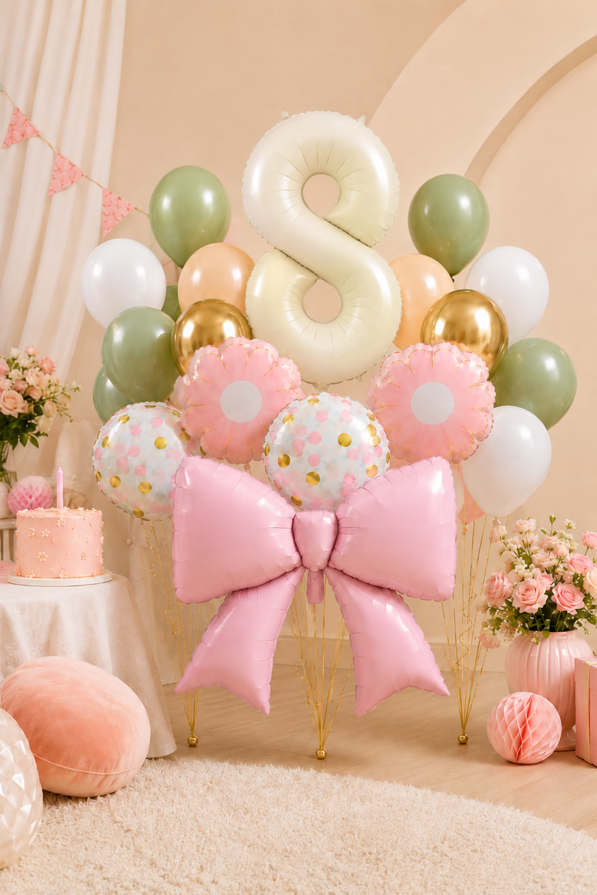 8 Yaş Retro Krem Pembe Fiyonk Konsept Doğum Günü Balon Zinciri Seti Set34