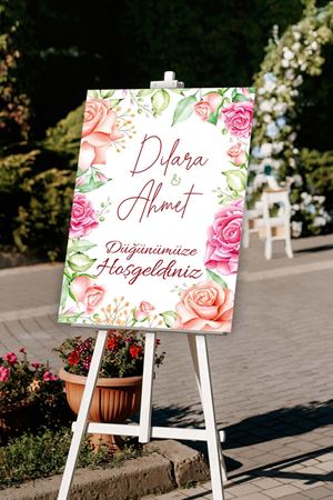 Somon Fuşya Çiçekler Karşılama Panosu