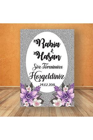 Parıltılı Gümüş Mor Çiçek Konsept Karşılama Panosu