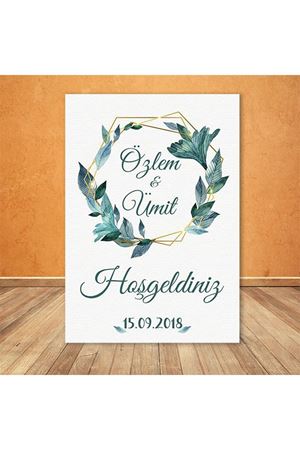 Gold Geometrik Şekil Yeşil Yapraklı Karşılama Panosu