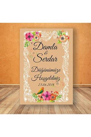 Turuncu Fuşya Çiçekli Kuşlu Karşılama Panosu