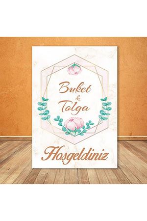 Pembe Çiçekler ve Mermer Konsept Karşılama Panosu