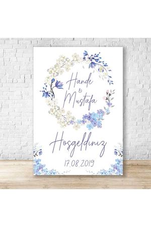 Mavi Beyaz Çiçekli Konsept Karşılama Panosu