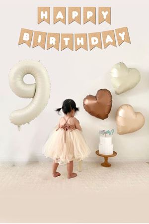 Retro Krem 9 Yaş Balonlu Happy Birthday Kraft Bannerlı 3 Retro Kalp Balonlu Balon Seti