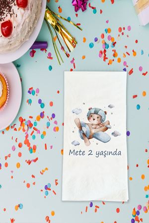 Uçakta Pilot Ayıcık Temalı Baskılı Peçete İsimli Doğum Günü Peçetesi 20 Adet