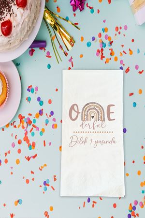 Boho Gökkuşağı Temalı 1 Yaş Doğum Günü Baskılı Peçete İsimli Doğum Günü Peçetesi 20 Adet