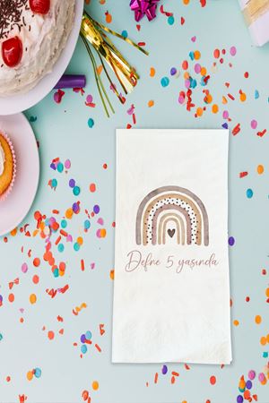 Boho Gökkuşağı Temalı Baskılı Peçete İsimli Doğum Günü Peçetesi 20 Adet