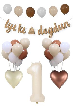 1 Yaş Doğum Günü Retro Balon Seti Kraft İyi Ki Doğdun Banner Krem Yaş Balonu Deniz Kumu Kahve Balonlu
