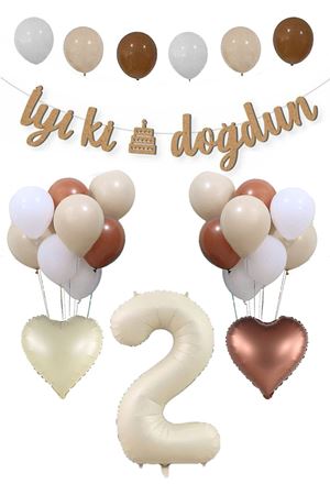 2 Yaş Doğum Günü Retro Balon Seti Kraft İyi Ki Doğdun Banner Krem Yaş Balonu Deniz Kumu Kahve Balonlu