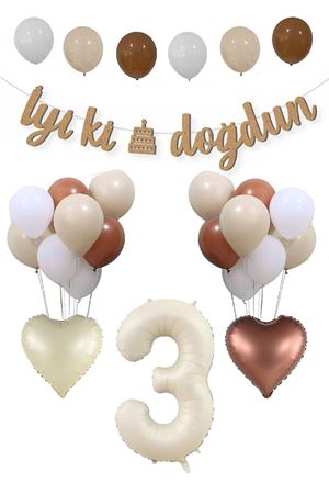 3 Yaş Doğum Günü Retro Balon Seti Kraft İyi Ki Doğdun Banner Krem Yaş Balonu Deniz Kumu Kahve Balonlu
