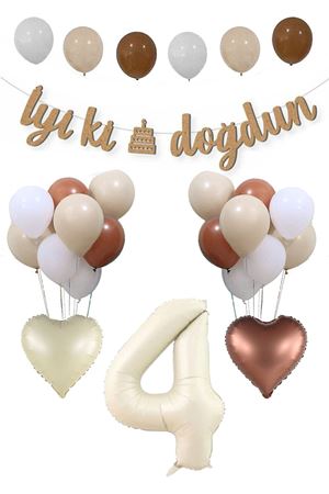 4 Yaş Doğum Günü Retro Balon Seti Kraft İyi Ki Doğdun Banner Krem Yaş Balonu Deniz Kumu Kahve Balonlu
