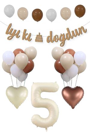5 Yaş Doğum Günü Retro Balon Seti Kraft İyi Ki Doğdun Banner Krem Yaş Balonu Deniz Kumu Kahve Balonlu