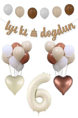 6 Yaş Doğum Günü Retro Balon Seti Kraft İyi Ki Doğdun Banner Krem Yaş Balonu Deniz Kumu Kahve Balonlu