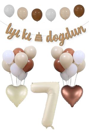 7 Yaş Doğum Günü Retro Balon Seti Kraft İyi Ki Doğdun Banner Krem Yaş Balonu Deniz Kumu Kahve Balonlu