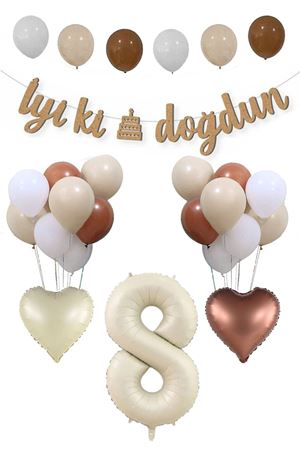 8 Yaş Doğum Günü Retro Balon Seti Kraft İyi Ki Doğdun Banner Krem Yaş Balonu Deniz Kumu Kahve Balonlu