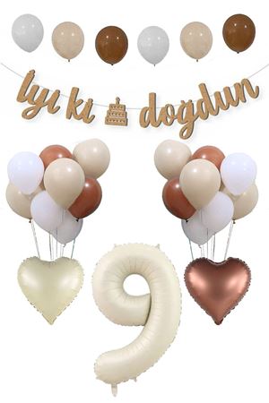 9 Yaş Doğum Günü Retro Balon Seti Kraft İyi Ki Doğdun Banner Krem Yaş Balonu Deniz Kumu Kahve Balonlu