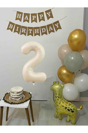 2 Yaş Balon Seti Zürafa Balonlu Happy Birthday Bannerlı Doğum Günü Balon Süsleme Seti