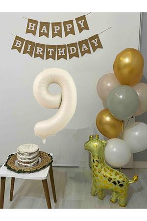 9 Yaş Balon Seti Zürafa Balonlu Happy Birthday Bannerlı Doğum Günü Balon Süsleme Seti
