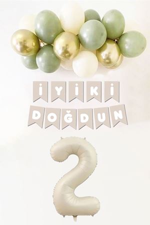 2 Yaş Doğum Günü Küf Yeşili Deniz Kumu Gold Balonlu Bannerlı Doğum Günü Balon Seti